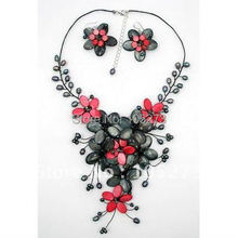 Red & Dark Gray Mother Of Pearl Shell Freshwater Pearl Flower Necklace & Earring Set 18'' Fashion Jewelry Free Shipping FN2197 2024 - buy cheap
