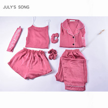 JULY'S SONG 7 Pieces Pajamas Set Women Autumn Winter Mulberry Sleepwear Casual Sexy Women Silk Pajama Sets Pink Nightwear Sling 2024 - buy cheap