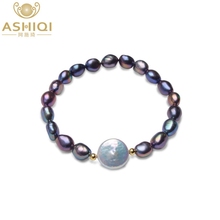 ASHIQI Big 12-13mm Button Freshwater Pearl Bracelets Natural Black Baroque Pearl for women with 925 Sterling Silver Bead 2024 - buy cheap