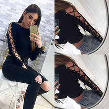 Sexy cross Women T-Shirt 2016 New long sleeve Crop Top T Shirt Cropped Tops Hollow Out Tee Shirt Femme 2024 - buy cheap