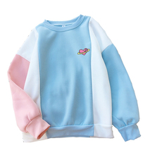 Kpop Winter Casual Fleece Hoodies Sweatshirt Women Kawaii Love Heart Print O-neck Sudadera Mujer Loose Harajuku Color Block Tops 2024 - buy cheap