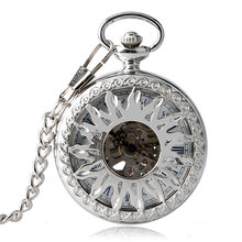 Silver Fire Automatic Mechanical Steampunk Fob Pocket Watch Necklace Stylish Hollow Sun Case Chain Self Winding Mens Watches 2024 - купить недорого