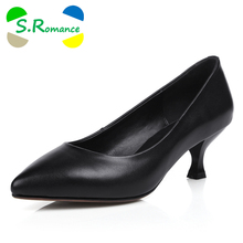 S.Romance Women Pumps Genuine Leather Fashion Elegant Pointed Toe Slip-On Strange Heels Hot Woman Shoes Black White SH329 2024 - buy cheap