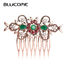 Blucome Retro Turkish Bridal Wedding Hair Accessories Red Crystal Flower Hair Combs Hairpins Head Jewelry For Women Girls Tiara 2024 - buy cheap