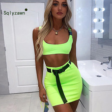 Women Summer Neon Green 2Piece Set Sexy Buckle Bralette Crop Top and Skirt With Belt Matching Sets Ladies Sweatsuit Club Outfits 2024 - buy cheap