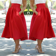 S-XL Summer Women Skirt Red Retro High Waist Club Pleated Skirt Flared Casual Skirt New Red Pleated Mid calf skirt 2024 - buy cheap