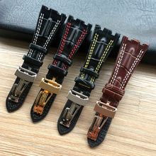 For AP strap 28mm Black Brown With White Yellow Double Stitches Genuine Leather Watch Band Bracelet with deployment Clasp 2024 - buy cheap