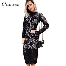 Sexy Women Dress 2017 Party Pencil Embroidery Lace  Bodycon Dress Long Sleeve Spring Fashion Style Midi O-Neck Vestidos Dresses 2024 - buy cheap