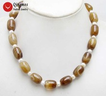 Qingmos Natural Agates Chokers Necklace for Women with 12*16mm Barrel Shape Brown Striped Agates & White Pearl Necklace Jewelry 2024 - buy cheap