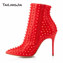 Fashion Woman Red Short Boots With Zipper New Ladies Supper High Heel Black Ankle Boots With Many Studs Pointed Toe Short Boots 2024 - buy cheap