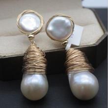 Free shipping Silver with Natural Pearl Pear Dangle Earrings 14K/20 YELLOW HOOK 2024 - buy cheap