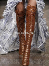 Las mujeres más nuevas de moda Peep Toe Suede cuero Stiletto talón sobre la rodilla gladiador botas con cordones borlas botas de tacón alto largo 2024 - compra barato