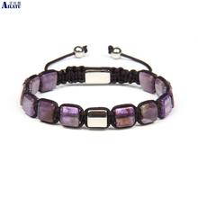 Ailatu Couples Jewelry Natural Purple Crystal & Matte Onyx Stone Square Flatbed Braided Bracelet Stainless Steel Top Quality 2024 - buy cheap