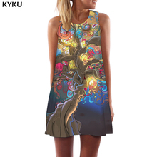 Kyku vestidos femininos psicodélico, vestidos coloridos de praia arte feminina estilo árvore mini desenho animado para festa feminina roupas de verão 2024 - compre barato