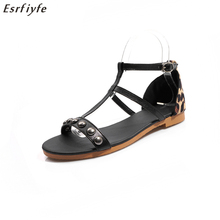 Esrfiyfe sandálias femininas confortáveis, tamanho grande 34-50, para o verão, peep toe, casual, cordas planas, com contas, 2024 - compre barato