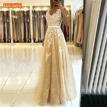 Elegant Tulle A Line V Neck Evening Dresses with Lace Appliques 2020 Gold Evening Gowns Long Customized Women Party Formal Dress 2024 - buy cheap