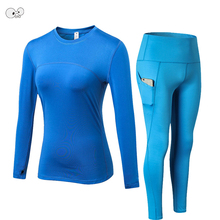 2 Piece Women High Waist Running Set Training Sportswear Gym Fitness Clothing Long Sleeve Shirt+Pocket Leggings Sports Yoga Suit 2024 - buy cheap