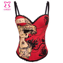 Burlesque Women Pin-Up Body Shaper Prints & Studded Rhinestone Cotton Bustier Sexy Corset Top with Straps Espartilhos E Corpetes 2024 - buy cheap