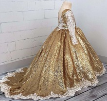 Bling bling golden sequins Princess ball gown lace girl glitz pageant dresses V-neck flower girl dress for party with train 2024 - buy cheap