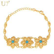 U7 Trendy Gold Color Blue Stone Fashion Jewelry Wholesale Vintage Flower Lace Style Chain Bracelet For Women H577 2024 - buy cheap