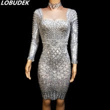 New Women Silver pearl Rhinestones Dress Stretch Leotard Short Dress Prom Evening Performance Costume Singer Host Stage Wear 2024 - buy cheap