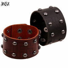 JINSE Vintage Genuine Leather Bracelets Fashion Punk Rivet Wide Leather Cuff Bracelets For Men Jewelry Accessory HQ093 2024 - buy cheap