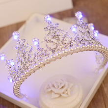 Ornamento europeu de pérola tiara, coroa real de strass para mulheres, ornamento para cabelo, casamento, ouro de led grande, 2018 2024 - compre barato