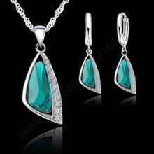 Promoção 925 conjuntos de joias de prata esterlina feminina com triângulo verde, brincos de cristal, colar para presente de casamento 2024 - compre barato