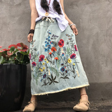Free Shipping 2020 New Tassels Cotton Denim Long Mid-calf Skirts For Women Summer Elastic Waist A-line Embroidery Holes Skirts 2024 - buy cheap