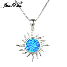 JUNXIN Silver Color Sunflower Pendant Blue White Fire Opal Necklaces For Women Round Birthstone Wedding Jewelry 2024 - buy cheap