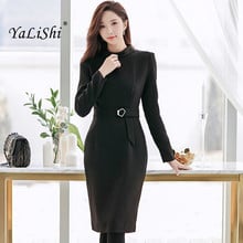 Mulheres Plus Size Vestido Lápis 2018 Outono Preto Estande de Manga Longa Na Altura Do Joelho-comprimento Do Vintage Wrap Dress Vestidos Das Senhoras de Escritório vestidos 2024 - compre barato