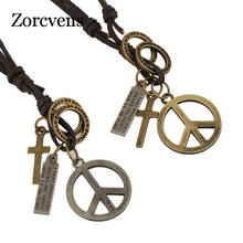 ZORCVENS Antique Vintage Cross Dog Tag Hollow Peace Symbol Pendant Necklace Men, Long Brown Leather Necklace Cord Men Jewelry 2024 - buy cheap