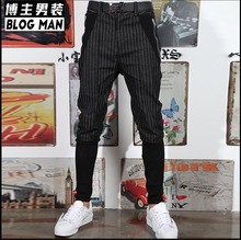 Korean Men Casual Pants Boot Cut Feet Trousers Hairstylist Striped Fake Two Harem Pants Hit Color Splice Full Length Costumes 2024 - buy cheap