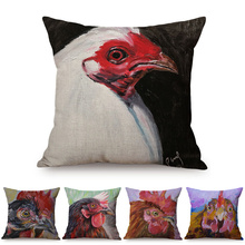 Hen Rooster Colorful Oil Painting Art Sofa Decoration Cushion Cover Rural Poultry Chicken Style Cotton Linen Square Pillow Case 2024 - buy cheap