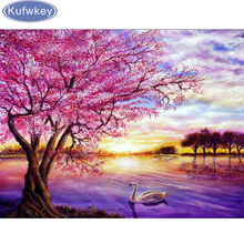 3d nature scenery mazayka bead embroidery full drill Diamond painting red tree lake swan 5d Cross Stitch  diamond mosaic crafts 2024 - buy cheap