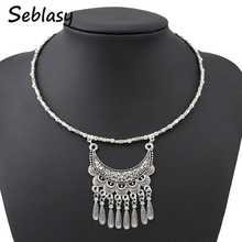 Seblasy Vintage Gypsy Tibet Silver Color Statement Stripes Flowers Tassel Necklaces Pendants for Women Ethnic Femme Bijoux Colar 2024 - buy cheap