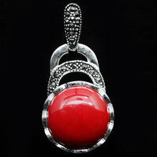 VINTAGE 925 STERLING SILVER IMITATION RED CORAL MARCASITE NECKLACE PENDANT 40X20MM 2024 - buy cheap