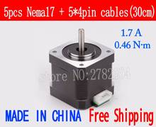 Free shipping 5pcs 4-lead Nema17 Stepper Motor 42 motor Nema 17 motor 42BYGH 40MM 1.7A (17HS4401 17HB2401) 3D motor for CNC XYZ 2024 - buy cheap