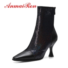 ANMAIRON Feminino Couro Genuíno Ankle Boots de Salto Fino Moda Zíper Dedo Apontado Mulheres Outono Inverno Preto Branco bota Bundinha CR838 2024 - compre barato