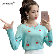 JKKUCOCO Newest Women Sweater Embroidery Cherry O-neck Long Sleeve Knitted Sweaters Autumn Women Pullovers Tops One Size 4 Color 2024 - buy cheap