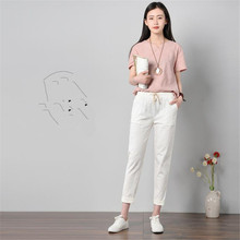 Female Spring Plus Size Mid Casual Solid Elastic Waist harem Flax Capris Summer Breathable Flax Loose Straight Pants 2024 - buy cheap