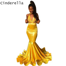 Cinderella Yellow Deep V-Neck Sleeveless Court Train Mermaid Silk Satin Prom Dresses Trumpet Party Gowns For Prom 2024 - buy cheap