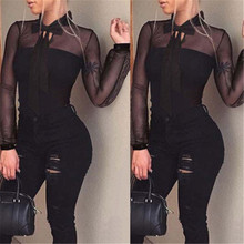 New Summer Women Bodysuit Sexy Bow Black Patchwork Long Sleeve Ladies Lace Mesh Bodysuit Transparent Tops 2024 - buy cheap