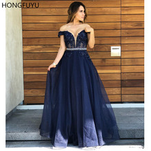HONGFUYU vestido de festa A-line Evening Dresses Long Navy Blue Sparkly Tulle Prom Dress Off Shoulder Formal Gown Appliques Lace 2024 - buy cheap