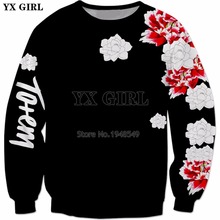 Yx girl moletom masculino e feminino, nova moda 2019, estampa floral, 3d, branco/preto, pulôver casual 2024 - compre barato