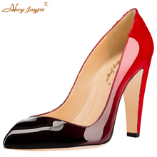Sapatos de salto alto pontudo grosso feminino, calçado casual vermelho preto em couro envernizado sem cadarço tamanho 11 2024 - compre barato