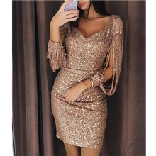 European and American fashion sexy ladies dress sequin embroidery dress V-neck long-sleeved bag hip fringed sleeve dress AL18122 2024 - buy cheap