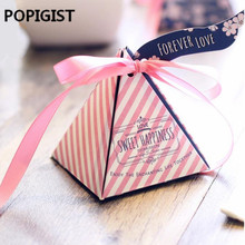 Creative Floral Printed Striped Triangular Pyramid Party Gift Box Wedding Favors Candy Boxes Bomboniera+Ribbons+Tags 2024 - buy cheap