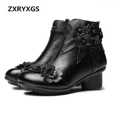 2021 Fashion Spring Winter Boots Women Shoes Classic Flower Cowhide Leather Boots Non-slip Comfort Warm Ankle Boots Women Boots 2024 - buy cheap