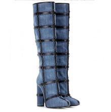 Cadeias de couro áspero de salto alto na altura do joelho botas de cano alto preto decoração azul denim botas para o inverno mulher longas botas 2024 - compre barato